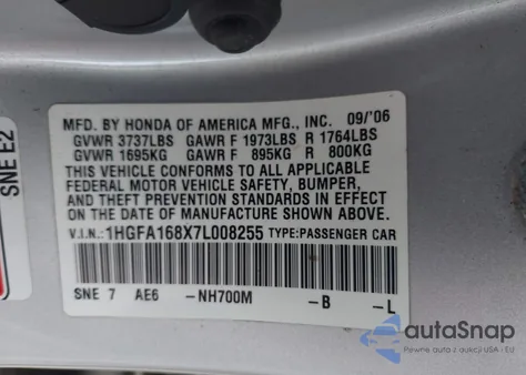 2007 Honda Civic Ex из США, поврежденный, VIN 1HGFA168X7L008255